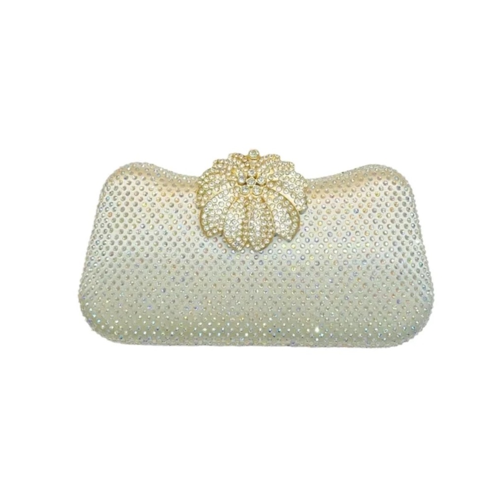 #B007 GoldenHourGlam LuxuryVibe Crystal Rhinestone Clutch Gold Leaf Accent - Picture 2 of 2